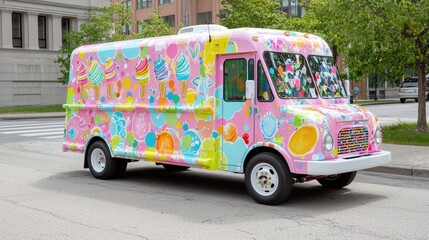 Colorful ice cream truck parked on city street