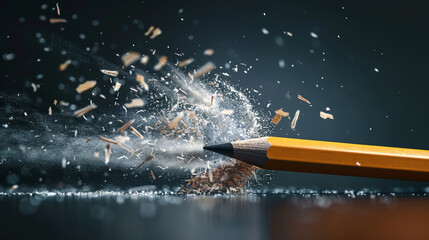 Pencil Burst: A yellow pencil explodes with a burst of energy and pencil shavings, a dramatic and captivating abstract image capturing the essence of creativity and power in a simple tool.  