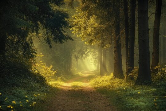 Misty forest path sunrise, nature scene, background