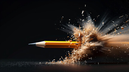 Pencil Explosion: A close-up photograph of a pencil exploding into a dramatic cloud of sawdust, highlighting the unexpected power and dynamism of the seemingly ordinary.