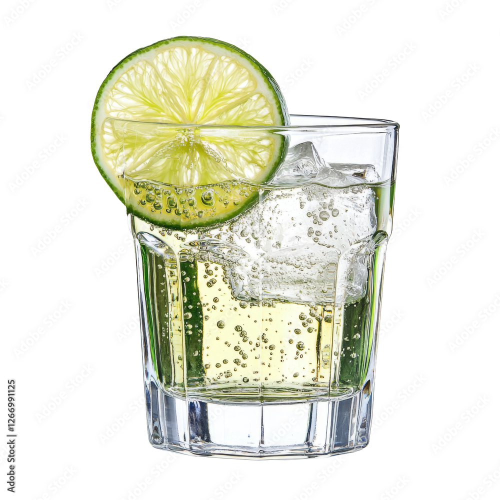 Poster refreshing cocktail with lime slice and ice in glass, perfect for summer. enjoy fizzy drink with fri