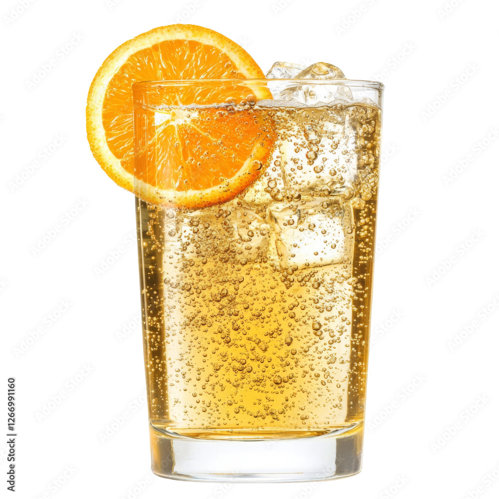 Poster refreshing drink with orange slice and ice cubes, sparkling beverage