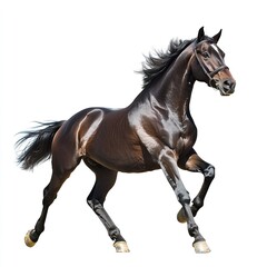 Obraz premium Powerful Dark Bay Horse Running Dynamic Stallion Strong Muscular Athletic Elegant Breed Equestrian Sport Animal Photography White Background Wild Free