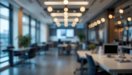 Modern open office with blurred focus and ambient lighting