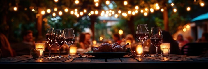 A vibrant outdoor dining scene with friends enjoying coq au vin under string lights, creating a festive atmosphere,