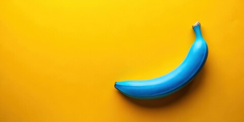 A single blue banana rests on a vibrant yellow background, a striking contrast of color and form