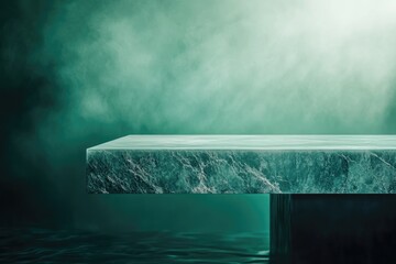 A teal marble platform floats above a dark teal water surface, set against a smoky green backdrop.