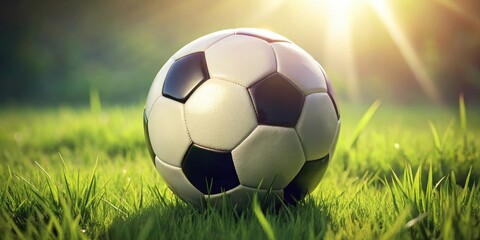 Fototapeta premium A Classic Soccer Ball Rests in Lush Green Grass Under the Warm Glow of the Setting Sun