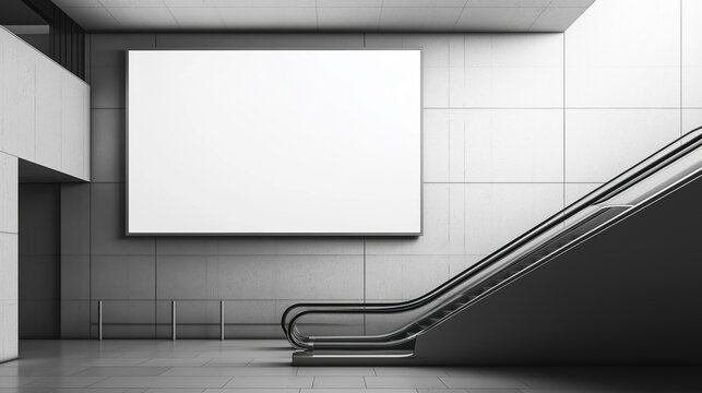 empty escalator in a modern building. The escalator is on the right side of the image and is facing towards the left side. The wall behind the escalator 