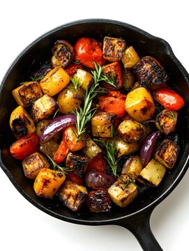 Oven roasted potatoes and mixed vegetables served in a pan, prepared to perfection for a comforting meal