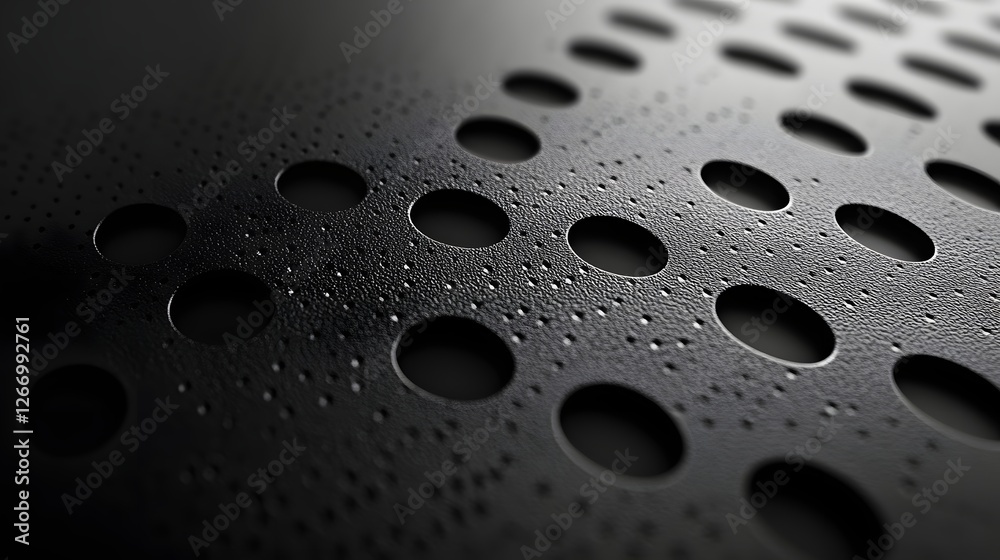 Poster close-up of a dark, perforated surface. the texture is prominent, creating an abstract and modern ae