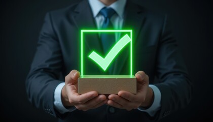 Caucasian male adult in suit holding glowing green check symbolizing success