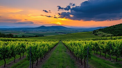 Fototapeta premium Lush Green Vineyard Landscape Under Dramatic Sunset with Rolling Hills and Colorful Sky