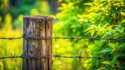 Naklejka premium Rustic wooden post secured with barbed wire against vibrant green foliage in bright sunlight