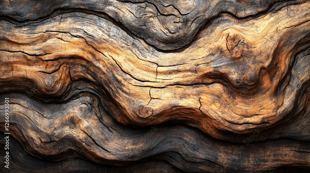 Poster close-up of an ancient wood texture, showcasing intricate grain patterns and a mix of dark and light