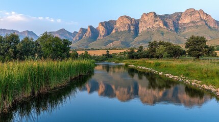 Obraz premium Serene Landscape with River and Mountain Reflections Under Clear Blue Sky at Golden Hour