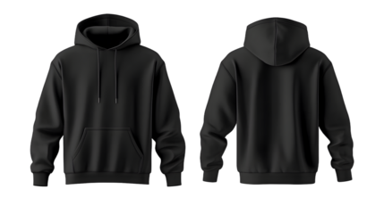 Black pullover hoodie mockup, front and back view, isolated on white