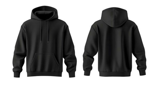 Black pullover hoodie mockup, front and back view, isolated on white