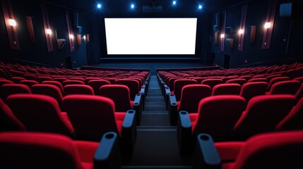 Fototapeta premium empty movie theater with rows of red seats facing a large screen. The theater is dimly lit with spotlights on the ceiling, creating a dramatic atmosphere. 