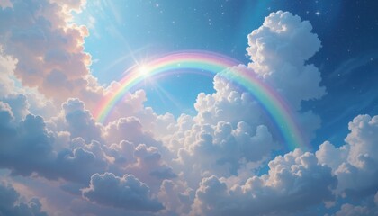 Vibrant rainbow arching through fluffy clouds in a bright blue sky