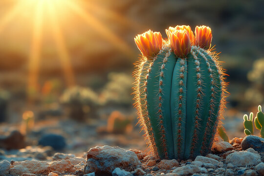 Sun-kissed Cactus with Blossoms, A Desert Scene in Warm Hues