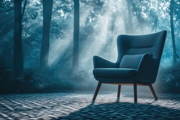 A solitary armchair sits in a misty forest, bathed in ethereal sunlight.