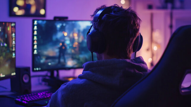 Cheering and celebrating while gaming remotely with friends during evening hours