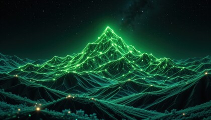 Futuristic neon green mountain landscape with starry night sky