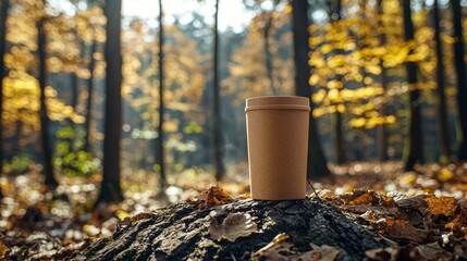 Obraz premium Paper cup on stump in sunny autumn forest. Beverage promo, nature ad