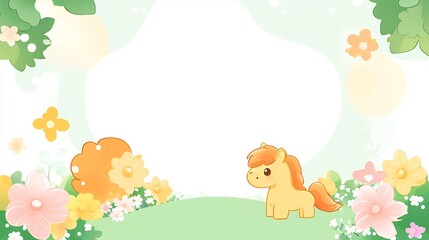 Fototapeta premium Cute pastel pony playfully interacts with lion cub in vibrant spring meadow bathed in soft sunlight. AI Generated