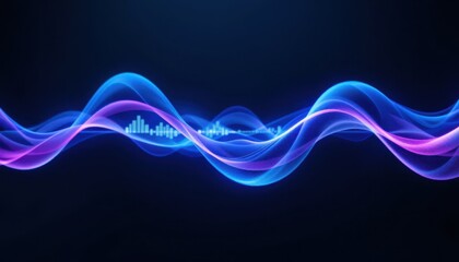 Vibrant blue and purple abstract waves with soundwave pattern on dark background