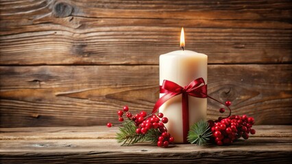 A Festive White Candle with Red Bow and Berries on Rustic Wood