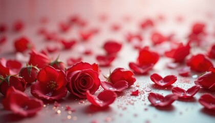 Red rose petals scattered on surface with gentle light and sparkles