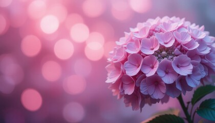 Beautiful pink hydrangea bloom with soft bokeh background