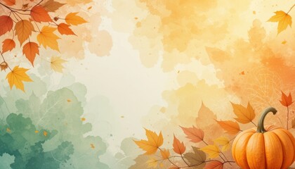 Autumn leaves and pumpkin with watercolor background for fall season