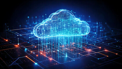 Stunning abstract visualization of cloud computing.  A glowing blue cloud, composed of data streams, hovers over a complex digital network, representing data transfer and storage.