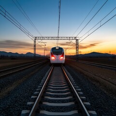 Fototapeta premium Modern Train Approaching Railroad Tracks and Mountains