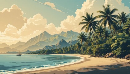 Tropical island paradise with palm trees and mountains at sunrise