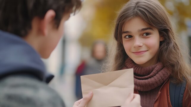 A teenage boy nervously handing a love letter to his crush in a school hallway, highlights young romance, first love, and the courage to express emotions