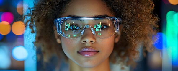 Closeup portrait of a young woman with curly hair wearing clear safety glasses.  City lights reflect in the lenses, creating a futuristic, technological aesthetic.