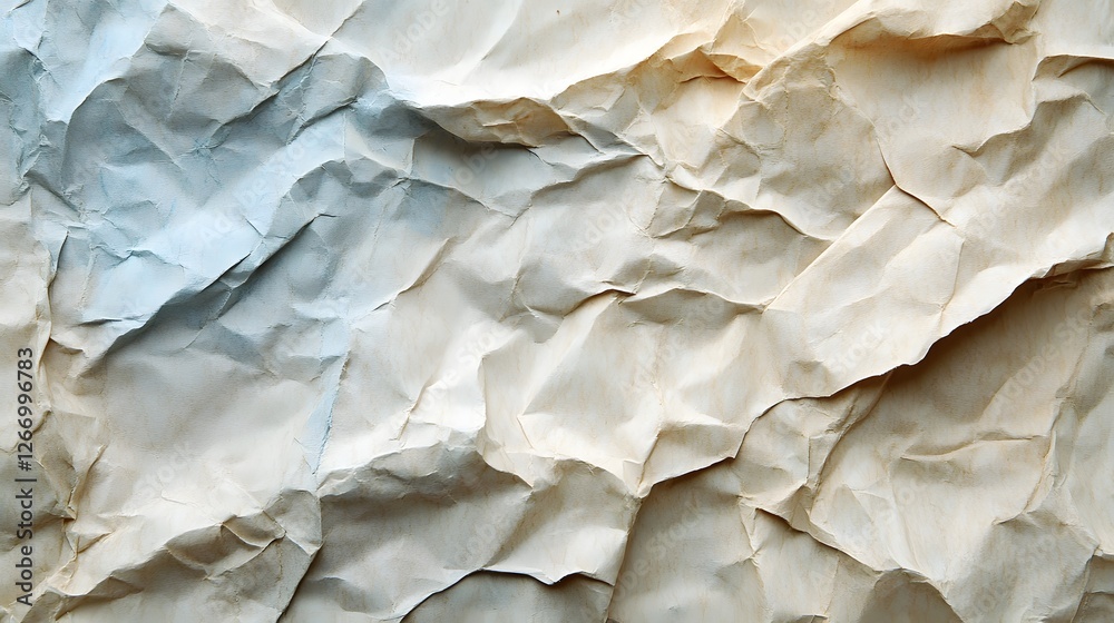 Poster close-up shot of crumpled paper displaying a mix of beige and blue tones. the texture is rough and u