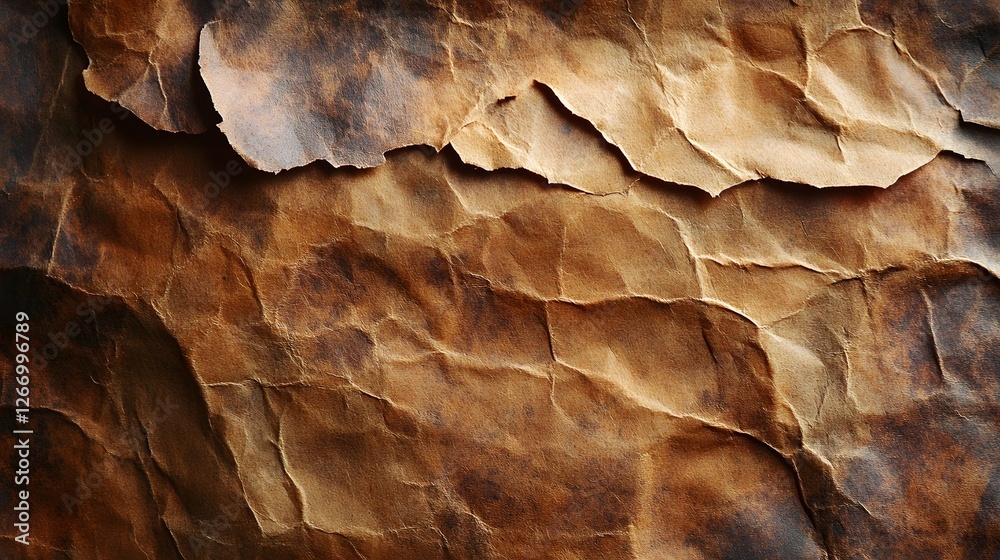 Poster close-up view of a crumpled, aged paper with brown hues and textures. perfect for background. grainy
