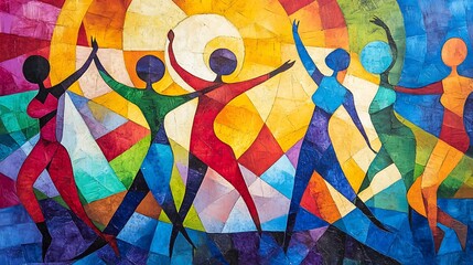 Fototapeta premium Colorful Abstract Dance Painting with Silhouettes in Motion and Vibrant Geometric Background