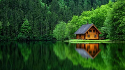 Fototapeta premium Cozy wooden cabin beside tranquil lake in lush green forest reflecting serene nature