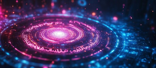 Obraz premium Vibrant cosmic swirl with glowing particles and intricate patterns in a digital universe