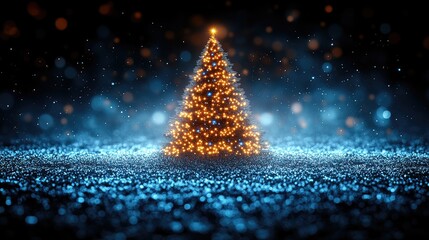 Naklejka premium A beautifully lit Christmas tree adorned with glowing lights, set against a shimmering blue background