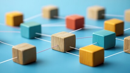Abstract digital network concept with wooden blocks studio high-quality image modern environment close-up view