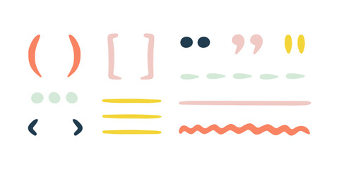 Doodle quotation mark. Hand drawn comma, apostrophe icon. Punctuation sign, period, ellipsis, parentheses. Kids brush color vector shapes for speech, conversation. Simple set for bullet journal