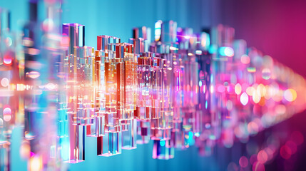 Abstract Prismatic Glow: A mesmerizing symphony of light and color, a vibrant abstract composition featuring a dynamic arrangement of glass prisms, illuminating a shimmering rainbow of hues.