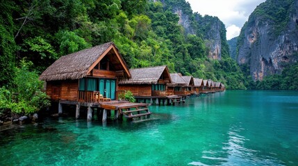 Scenic Wooden Bungalows on Tranquil Water Surrounded by Lush Green Mountains